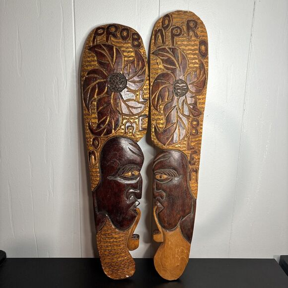 Hand Carved Wooden Wood Tribal Art Smoking No Problem Faces Set Of 2 Tiki Decor - Picture 1 of 9